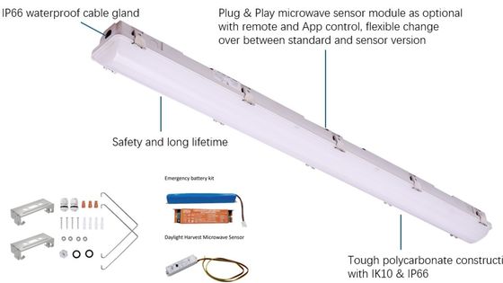 Lampes lumineuses à vapeur LED IP66 IK10 2 pieds / 4 pieds / 5 pieds / 8 pieds 120-277V / 120-347V Voltage d'entrée