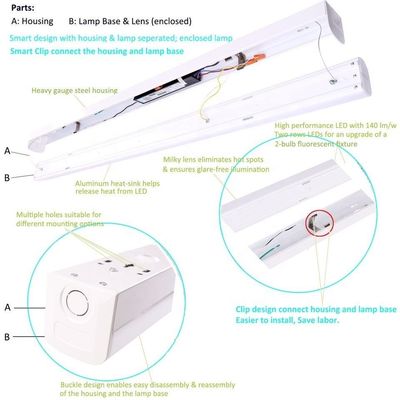 Appui à la diminution de la luminosité 2ft 4ft 8ft 46W 38W 30W LED Batten luminaires d'usage commercial industriel